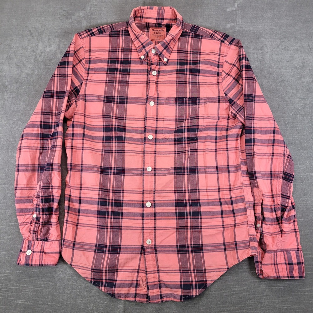 Abercrombie & Fitch Y2K Mens‎ Medium Pink Navy Plaid Button Up Long Sleeve Shirt